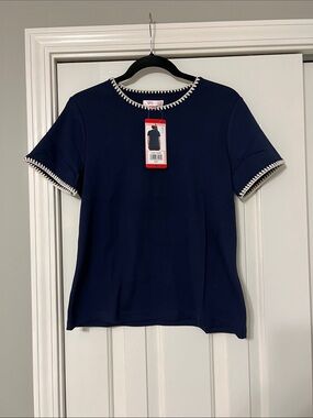 Women's Navy Short Sleeve Top with Cream Contrast Embroidered Trim NWT
